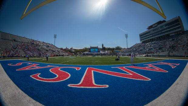 Oct 1, 2022; Lawrence, Kansas, USA; View of the field prior to the game between the Kansas Jayhawks and the Iowa State Cyclones at David Booth Kansas Memorial Stadium. Mandatory Credit: William Purnell-USA TODAY Sports
